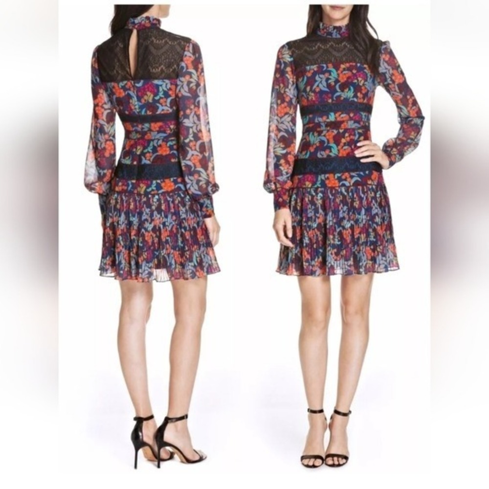 Saloni Dina Tropical Lace Panel‎ Silk Ruffle Floral Mini Dress Size 6 - Picture 3 of 12